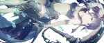  1girl barefoot blue_eyes blue_hair bubble cape coral_hair_ornament corset fingerless_gloves fins gloves hair_ornament holding holding_scythe looking_at_viewer moo_alice_moo ningyo_hime_(sinoalice) open_mouth sad scythe shorts side_ponytail sidelocks sinoalice solo teeth weapon 