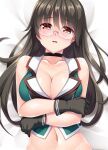  1girl absurdres black_gloves black_hair breasts choukai_(kancolle) crop_top glasses gloves highres kantai_collection large_breasts long_hair navel red_eyes remodel_(kantai_collection) rimless_eyewear ruin_re_birth sleeveless solo upper_body 