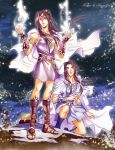  2boys :o bare_shoulders belt brown_hair cape character_name feanor fingolfin floating_hair gem highres holding kazuki-mendou multiple_boys open_mouth ponytail robe sandals signature silmarillion sparkle standing toenails treasure_chest violet_eyes white_cape 