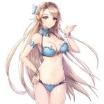  1girl armpits bangle bare_shoulders bikini blue_bikini bow bracelet breasts brown_hair cowboy_shot detached_collar elf grey_eyes hair_bow halterneck hand_on_hip hand_up jewelry king&#039;s_raid long_hair looking_at_viewer medium_breasts multi-strapped_bikini navel official_art parted_lips pointy_ears selene_(king&#039;s_raid) sidelocks solo standing stomach string_bikini swimsuit thighs transparent_background very_long_hair 