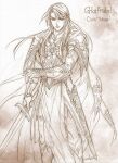  1boy armor boots bracer breastplate character_name closed_mouth full_armor glorfindel holding holding_sword holding_weapon kazuki-mendou long_hair looking_at_viewer male_focus pauldrons pelvic_curtain scabbard sheath shoulder_armor silmarillion solo sword traditional_media unsheathed weapon 
