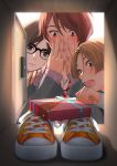  3boys :o absurdres blush brown_eyes brown_hair embarrassed gift glasses hands_up highres macaronk male_focus multiple_boys necktie orange_footwear original school_uniform shoe_locker shoes sneakers sweatdrop valentine 