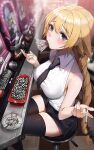  1girl ashtray bangs bare_shoulders black_legwear black_neckwear black_shorts blonde_hair blue_eyes blurry blurry_background blush braid casino cigarette collared_shirt commentary_request fate/grand_order fate_(series) highres holding holding_cigarette indoors jeanne_d&#039;arc_(fate) jeanne_d&#039;arc_(fate)_(all) long_hair looking_at_viewer mouth_hold necktie shirt short_necktie shorts single_braid sitting skindentation sleeveless sleeveless_shirt smoke smoking solo suou-sensei thigh-highs too_many very_long_hair 