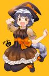  1girl absurdres alternate_costume animal_ears black_dress black_footwear black_legwear bow commentary_request common_raccoon_(kemono_friends) dress fang frilled_dress frills grey_hair halloween hat hat_bow highres kemono_friends multicolored_hair nail_polish open_mouth orange_bow orange_nails pantyhose puffy_short_sleeves puffy_sleeves raccoon_ears raccoon_girl raccoon_tail see-through short_hair short_sleeves solo suicchonsuisui tail white_hair witch witch_hat 