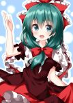  1girl :d blue_background blush bow breasts brown_dress cowboy_shot dress frills front_ponytail green_eyes green_hair hair_bow hand_up highres kagiyama_hina long_hair looking_at_viewer medium_breasts open_mouth outline petticoat red_bow ruu_(tksymkw) simple_background smile solo touhou white_outline 