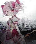  1girl absurdres bow bow_(weapon) bubble_skirt building choker city cityscape dress frilled_dress frills gloves grey_background hair_between_eyes hair_ribbon hand_on_own_chest highres kaname_madoka magical_girl mahou_shoujo_madoka_magica pink_dress pink_eyes pink_hair pink_ribbon ribbon skirt sky soresaki weapon white_gloves 