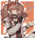  1girl angelina_(arknights) animal_ears arknights bangs birthday black_choker black_gloves black_shirt brown_hair cake cake_slice choker commentary cym23730 food fork fox_ears fox_girl gloves hairband heart highres holding holding_fork holding_plate infection_monitor_(arknights) jacket korean_commentary long_hair long_sleeves open_clothes open_jacket orange_eyes plate red_eyes red_hairband shirt smile solo twintails two-tone_background two-tone_gloves two-tone_hairband upper_body very_long_hair white_background white_gloves white_jacket 