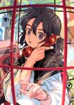  1boy black_hair bracelet braid braided_ponytail dated highres holding holding_phone jewelry kisumi_rei lanxi_zhen leaf long_hair long_sleeves looking_at_viewer male_focus phone phone_booth signature solo the_legend_of_luo_xiaohei tree upper_body violet_eyes xuan_li_(the_legend_of_luoxiaohei) 