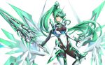  1girl absurdres bangs breasts chest_jewel earrings gloves green_eyes green_hair high_heels highres jewelry large_breasts long_hair pneuma_(xenoblade) ponytail simple_background swept_bangs sword tiara user_trtx7783 very_long_hair weapon xenoblade_chronicles_(series) xenoblade_chronicles_2 