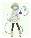  1girl :d alternate_costume black_legwear boots breasts casual cato_(monocatienus) commentary_request drawstring eyebrows_visible_through_hair full_body green_eyes green_hair heart heart_of_string highres hood hood_down hoodie koishi_day komeiji_koishi legs_apart long_sleeves looking_at_viewer open_mouth short_hair simple_background sleeves_past_wrists small_breasts smile solo standing thigh-highs touhou white_hoodie yellow_footwear 