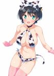  1girl :d animal_ears animal_print ass_visible_through_thighs bangs bare_shoulders bikini black_choker black_hair blush breasts choker collarbone commentary_request cow_ears cow_horns cow_print cow_tail ear_tag gloves green_eyes hairband highres horns ichi_makoto kanojo_okarishimasu large_breasts navel o-ring o-ring_top open_mouth pink_gloves pink_legwear print_bikini sarashina_ruka short_hair side-tie_bikini simple_background smile solo stomach swimsuit tail thigh-highs thigh_gap white_background 