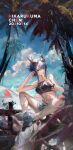  1girl absurdres arknights artist_name bangs bare_legs bare_shoulders baseball_cap beach bikini black_bikini blue_hair breasts ch&#039;en_(arknights) character_name commentary dated day daylightallure dragon_girl dragon_horns dragon_tail earphones eyewear_on_head food full_body grey_headwear hair_between_eyes hat headwear_removed highres holding holding_food horns long_hair looking_at_viewer medium_breasts navel outdoors popsicle red_eyes sandals sitting solo stomach sunglasses swimsuit tail watch watch 