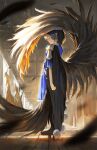  1girl bird_wings black_cape blue_dress blurry cape dark_blue_hair depth_of_field dress expressionless feathered_wings feathers fjsmu from_side full_body geta highres iizunamaru_megumu light_particles light_rays pom_pom_(clothes) profile short_hair solo standing tengu-geta touhou wings wooden_floor 