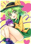  1girl :d ass blouse blush boots commentary_request diagonal_stripes eyeball feet_out_of_frame green_eyes green_hair green_skirt hat heart heart_of_string highres holding keyaki_chimaki koishi_day komeiji_koishi looking_at_viewer no_panties open_mouth simple_background skirt smile solo striped third_eye touhou yellow_blouse 