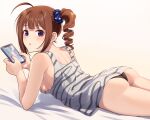  1girl ahoge ass bangs bare_shoulders black_panties blush breasts brown_hair cellphone commentary_request drill_hair holding holding_phone idolmaster idolmaster_million_live! idolmaster_million_live!_theater_days kamille_(vcx68) looking_at_viewer lying medium_hair on_stomach panties parted_lips phone scrunchie shirt side_ponytail sleeveless sleeveless_shirt small_breasts smartphone solo striped striped_shirt thighs underwear violet_eyes white_shirt yokoyama_nao 