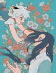  2boys animal_ears aqua_background black_hair cat_boy cat_ears floating_hair floral_background flower hand_up highres leaf long_hair low-tied_long_hair luoxiaohei multiple_boys open_mouth plant profile red_flower short_hair short_sleeves sirakaro smile the_legend_of_luo_xiaohei white_flower white_hair wuxian_(the_legend_of_luoxiaohei) 