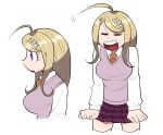  1girl :d ahoge akamatsu_kaede arms_at_sides bangs blonde_hair breasts closed_eyes collared_shirt commentary_request cowboy_shot dangan_ronpa_(series) dangan_ronpa_v3:_killing_harmony facing_viewer from_side furukawa_(yomawari) highres large_breasts long_hair long_sleeves miniskirt multiple_views necktie open_mouth pleated_skirt profile purple_skirt shiny shiny_hair shirt simple_background skirt smile sweater_vest teeth thigh-highs white_background white_shirt 