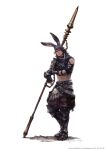  1boy animal_ears armor black_hair copyright crop_top final_fantasy final_fantasy_xiv fingerless_gloves full_body gloves highres looking_at_viewer medium_hair midriff navel official_art polearm rabbit_ears simple_background spear square_enix standing stomach viera weapon 