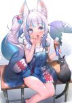  1girl animal animal_ear_fluff animal_ears bag bangs bare_legs blue_eyes blue_hair blue_nails blush commentary dice_hair_ornament eyebrows_visible_through_hair feet_out_of_frame finger_licking fish_tail food fuyouchu gawr_gura hair_ornament holding holding_food hololive hololive_english ice_cream ice_cream_cone legs_together licking long_hair looking_at_viewer multicolored_hair nail_polish overalls shark_tail sharp_teeth shirt shoulder_bag side_ponytail sidelocks sitting sleeveless sleeveless_shirt solo streaked_hair tail tail_raised teeth tongue tongue_out white_hair white_shirt 