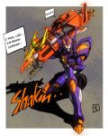  absurdres dynazenon_(character) english_text glowing glowing_eyes gridknight_(ssss.gridman) gun highres holding holding_gun holding_weapon looking_at_viewer mecha moyan no_humans orange_eyes procreate_(medium) science_fiction shadow solo speech_bubble squatting ssss.dynazenon ssss.gridman weapon 