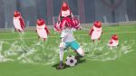  1girl ball bird bow colored_skin commentary_request double_bun grey_hair hair_bow heterochromia highres hololive hololive_indonesia inazuma_eleven_(series) jersey kneeling kureiji_ollie laing multicolored_hair parody patchwork_skin penguin red_eyes redhead short_sleeves shorts soccer_ball soccer_field soccer_uniform sportswear stadium stitched_face stitches virtual_youtuber whistling white_hair yellow_eyes zombie 