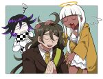  1girl 2boys ahoge bangs black_hair border brown_hair brown_jacket checkered checkered_neckwear checkered_scarf clenched_teeth closed_eyes commentary_request crossed_arms dangan_ronpa_(series) dangan_ronpa_v3:_killing_harmony dark_skin dark_skinned_male detached_wings furukawa_(yomawari) glasses gokuhara_gonta green_background green_hair green_neckwear halo hands_clasped hands_together headpat highres jacket long_hair long_sleeves low_twintails messy_hair multiple_boys necktie open_mouth ouma_kokichi own_hands_together purple_hair scarf shell shell_bikini shiny shiny_hair skirt smile squiggle teeth twintails white_border white_hair white_jacket white_skirt wings yellow_jacket yonaga_angie 