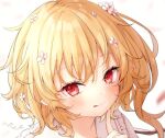 1girl :q blonde_hair blurry blurry_background blush breasts commentary_request crystal dress face fang finger_to_own_chin flandre_scarlet flower hair_flower hair_ornament hand_up honotai index_finger_raised looking_at_viewer no_hat no_headwear one_side_up pink_dress pink_flower red_eyes short_hair simple_background small_breasts smile solo tongue tongue_out touhou white_background wings 