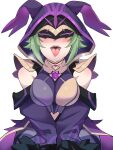  1girl absurdres bare_shoulders blush breasts breath choker cicin_mage_(genshin_impact) cloak covered_eyes electro_cicin_mage_(genshin_impact) genshin_impact green_hair highres hood hooded_cloak large_breasts long_sleeves mask open_mouth purple_cloak short_hair shoulder_pads simple_background solo sweat tongue tongue_out white_background wide_sleeves xiaodi 