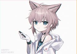  1girl absurdres animal_ears arknights black_choker blue_eyes blue_jacket bracelet brown_hair choker chromatic_aberration cloak coqc cross dot_nose extra_ears fox_ears fox_girl greek_cross hair_between_eyes highres holding holding_pen hood hood_down hooded_cloak infection_monitor_(arknights) jacket jewelry looking_at_viewer material_growth medium_hair open_cloak open_clothes oripathy_lesion_(arknights) pen red_cross simple_background single_bare_shoulder smile solo spaghetti_strap sussurro_(arknights) upper_body white_background white_cloak 