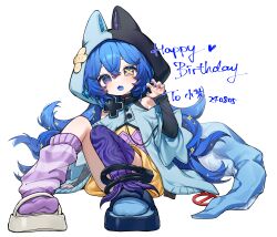  1girl animal_ears asymmetrical_footwear asymmetrical_legwear bandaid_on_hood bare_shoulders black_collar black_hood black_shoes blue_background blue_eyes blue_hair blue_hood blue_jacket blue_nails blue_tongue blush borrowed_character buttons chestnut_mouth chinese_commentary claw_pose collar colored_tongue commentary_request dress fake_animal_ears fangs full_body gift_art glitch hair_between_eyes happy_birthday heart highres hood jacket knees_up long_hair long_sleeves looking_at_viewer miyayoki nail_polish original purple_dress purple_socks sandals shoes single_claw_pose single_loose_sock single_thighhigh sitting skin_fangs sleeves_past_wrists socks solo split-color_clothes star_(symbol) thigh-highs two-tone_dress very_long_hair white_shoes yellow_dress 