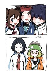  2girls 3boys :d ;d bianca_(pokemon) black_hair blush bow breast_pocket bright_pupils brown_hair cheren_(pokemon) closed_eyes collared_shirt commentary_request glasses green_eyes green_hat grin hat hat_bow highres hugh_(pokemon) jacket multiple_boys multiple_girls nate_(pokemon) necktie one_eye_closed open_mouth orange_jacket pocket pokemon pokemon_black_2_and_white_2 raglan_sleeves red_necktie rosa_(pokemon) semi-rimless_eyewear shirt sidelocks smile teeth tie_clip visor_cap white_pupils white_shirt zakku_(zkpkmn0) zipper_pull_tab 