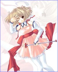 1girl angel_rabbie angelic_serenade bare_shoulders blonde_hair bow detached_collar detached_sleeves dress hair_ornament hand_on_own_face holding holding_staff lasty_farson magical_girl one_eye_closed pink_dress rabbit_hair_ornament red_eyes red_ribbon ribbon short_hair short_twintails staff thigh-highs twintails waist_ribbon yuunagi_futaba 