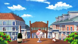  absurdres alcohol baluster blue_sky bottle brick_wall bush chair champagne champagne_bottle champagne_flute cherry chimney chocolate_syrup clouds commentary_request cup day dormer drink drinking_glass english_commentary flower food fruit gable_roof highball_glass highres ice_cream mansion mixed-language_commentary multiple_scoops muntins no_humans novish original outdoors paid_reward_available pov_across_table railing red_flower red_rose rooftop rose rose_bush round_table scenery sky sundae syrup table tin_roof variant_set whipped_cream window wooden_chair wooden_table 