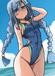  1girl arm_behind_back arm_behind_head blue_hair blue_one-piece_swimsuit blue_sky blush braid breasts clouds cloudy_sky commentary_request competition_swimsuit day front_zipper_swimsuit green_eyes green_one-piece_swimsuit groin hair_ornament hair_over_one_eye hairclip highleg highleg_one-piece_swimsuit highres long_hair long_sidelocks looking_at_viewer low_twin_braids ocean one-piece_swimsuit original outdoors r2ndmix round_eyewear sidelocks sky small_breasts solo swimsuit twin_braids two-tone_one-piece_swimsuit very_long_sidelocks water 