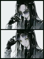  1girl black_gloves black_hair black_necktie commentary eyewear_on_head gloves green_suit highres holding holding_removed_eyewear hua_xingxing kamisaki_hikaru long_bangs long_hair looking_at_viewer medalist_(manga) necktie parted_lips suit sunglasses untranslatable_commentary unworn_eyewear white_background yellow_eyes 