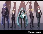  ghost_in_the_shell ghost_in_the_shell_lineup ghost_in_the_shell_stand_alone_complex guitar hatsune_miku instrument kagamine_len kagamine_rin kaito lineup meiko pant_suit parody strat(guitar) suit tsukumo twintails vocaloid 