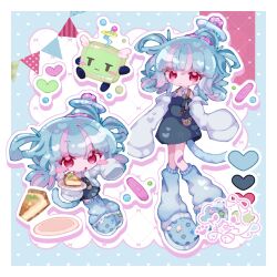  1girl absurdres apron badge bandaid bandaid_on_knee bandaid_on_leg blue_apron blue_bow blue_hair blue_halo blue_hat blue_leg_warmers blue_shoes blue_tail blush border bow bow_background brown_bow button_badge cat_tail cheesecake closed_mouth commentary commission crocs crt drop_shadow english_commentary food grid_background halo hat head_wings heart heart_background heart_in_eye highres holding holding_plate indie_virtual_youtuber inukkomaru jibbitz jitome kkcyber kkcyber_(kk_3.0) leg_warmers looking_at_viewer melting_halo mint multicolored_hair neck_ribbon open_mouth outline party_hat pink_bow pink_streaks plate pocket radio_antenna red_eyes ribbon second-party_source seeder-kun_(kkcyber) shirt shirt_partially_removed shoes signature skeb_commission sleeves_past_fingers sleeves_past_wrists streaked_hair string_of_flags symbol_in_eye tail tomato traditional_halo twintails two-tone_bow virtual_youtuber white_border white_shirt wings 