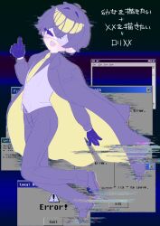  1boy 58ity :d absurdres arm_at_side blue_gloves blush coat commentary_request error_message esse_series eyepatch fang formal_clothes glitch gloves highres hyoutenka_30-do_no_zetsubou jacket jacket_on_shoulders lapels looking_at_viewer male_focus microsoft_windows necktie pants partially_translated pink_vest purple_coat purple_hair purple_pants smile solo suit translation_request vest window_(computing) windows_xp xx_(esse_series) yellow_necktie 