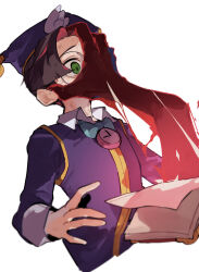  1boy 1other blue_bow blue_bowtie book bow bowtie brown_hair clock collared_shirt colored_skin commentary_request cropped_torso glasses green_eyes hat head_grab highres klug_(puyopuyo) male_focus open_book purple_hat purple_shirt purple_vest puyopuyo puyopuyo_fever_2 red_skin round_eyewear shirt short_hair simple_background surprised sweat tears through_medium through_page urolo very_short_hair vest white_background wide-eyed wing_hat_ornament 