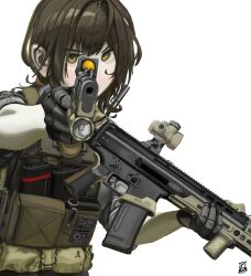  1girl absurdres ammunition_pouch assault_rifle black_gloves brown_eyes brown_hair bulletproof_vest commentary_request gloves gun handgun highres holding holding_weapon imponte1232 korean_commentary looking_at_viewer magazine_(weapon) original pouch rifle scope short_hair simple_background sleeves_rolled_up solo upper_body weapon weapon_request white_background 