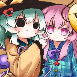  2girls aqua_shirt black_eyes black_hat bow bowtie buttons cheek_poking collared_shirt commentary diamond_button disembodied_linked_eye emoji empty_eyes expressionless eyeball frilled_shirt_collar frilled_sleeves frills green_hair hat hat_bow hata_no_kokoro heripantomorrow komeiji_koishi long_hair long_sleeves looking_at_viewer mask mask_on_head multiple_girls pink_eyes pink_hair plaid_clothes plaid_shirt poking purple_bow purple_bowtie shirt touhou untranslatable_commentary wide_sleeves yellow_bow yellow_shirt 
