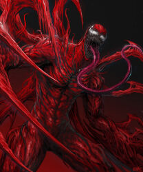  1boy carnage_(marvel) claws colored_skin commentary cowboy_shot grin highres long_tongue marvel misawa_kei monster open_mouth red_skin sharp_teeth simple_background smile solo standing symbiote teeth tentacles tongue very_long_tongue 