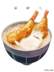  animal animal_focus bowl cat closed_eyes commentary food food_focus highres inuno_koro no_humans original rice shrimp shrimp_tempura simple_background tempura untranslatable_commentary white_background 