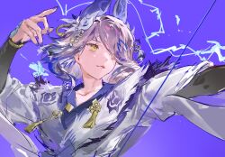  1girl arknights bird_girl bow_(weapon) drawing_bow feather_hair fox_hair_ornament hair_ornament hair_over_one_eye highres holding holding_bow_(weapon) holding_weapon looking_to_the_side monster_hunter_(series) nail_polish one_eye_covered orchid_(arknights) parted_lips purple_hair purple_nails short_hair solo tassel tassel_hair_ornament upper_body violet_mizutsune_orchid_(arknights) weapon yellow_eyes yun_zhouxing 
