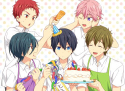  5boys apron black_hair brown_hair cake commentary_request dress_shirt food fork free! hat high_speed! holding holding_fork holding_plate kirishima_ikuya male_focus mo_(nmnme) multiple_boys nanase_haruka_(free!) open_mouth party_hat pink_hair plate polka_dot polka_dot_background red_hair shigino_kisumi shiina_asahi shirt short_hair short_sleeves smile sweatdrop tachibana_makoto white_shirt 