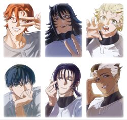  6+boys :d baseball_uniform black_hair blonde_hair blue_eyes brown_eyes claw_pose commentary_request dark-skinned_male dark_skin finger_heart flipped_hair flipped_sidelocks grin hair_between_eyes hair_horns hair_slicked_back head_rest highres hirose_yoji ino_akindo kiriyama_fusetsu long_hair looking_at_viewer looking_to_the_side male_focus masumi_kengo mima_shoma multicolored_hair multiple_boys osmsoic parted_lips ponytail portrait red_eyes red_hair sankyuu_pitch sharp_teeth short_eyebrows short_hair simple_background slit_pupils smile sportswear teeth thick_eyebrows todoroki_taigu two-tone_hair v v_over_eye white_background white_hair 