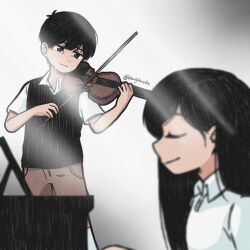  1boy 1girl antenna_hair artist_name black_eyes black_hair black_sweater_vest blurry blurry_foreground bow_(music) brother_and_sister brown_shorts closed_eyes closed_mouth collared_shirt commentary crying crying_with_eyes_open english_commentary grand_piano highres holding holding_bow_(music) holding_instrument holding_violin instrument long_hair looking_at_another mari_(faraway)_(omori) mari_(omori) omori piano playing_instrument playing_piano playing_violin shirt short_hair short_sleeves shorts siblings spoilers starlyfnnctn sunny_(omori) sweater_vest tears twitter_username violin white_shirt 