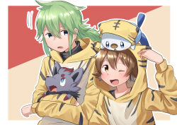  2boys absurdres alternate_costume blush brown_eyes brown_hair commentary_request green_hair hand_up highres hilbert_(pokemon) holding holding_pokemon hood hood_down long_hair long_sleeves male_focus multiple_boys n_(pokemon) one_eye_closed open_mouth oshawott outline pokemon pokemon_(creature) pokemon_black_and_white shirt short_hair sweatdrop yukinoko2200 zorua 