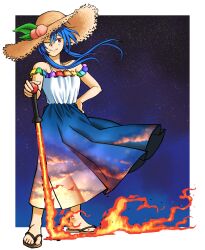  1girl absurdres blue_dress blue_hair bread_master commentary dress english_commentary flip-flops full_body hat highres hinanawi_tenshi long_hair one_eye_closed peach_hat_ornament planted planted_sword red_eyes sandals short_hair_with_long_locks sky sky_print solo standing star_(sky) starry_sky straw_hat sun_hat sword sword_of_hisou touhou two-tone_dress variant_set weapon white_dress 