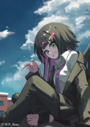 1girl artist_name black_coat black_hair black_jacket black_pants black_socks blue_sky blunt_bangs blush chinese_commentary cigarette cloud coat coat_partially_removed collared_shirt colored_inner_hair commentary crossed_legs double-parted_bangs fingernails flats formal green_eyes grin hair_ornament hairclip head_tilt highres holding holding_cigarette house jacket jacket_partially_removed knee_up lapels long_hair long_sleeves looking_at_side maimoku non-web_source original outdoors pants pink_hair pink_nails railing second-party_source shirt sidelocks sitting sky socks toeless_legwear translation_request watermark white_shirt window x_hair_ornament
